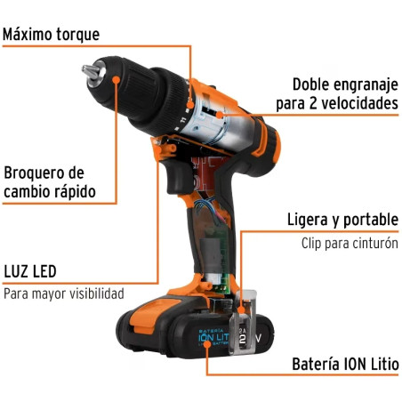 Taladro Inalambrico 1/2" 18V 1400RPM 18Nm Velocidad Reversible, TALI-18A2-2 11011 Truper