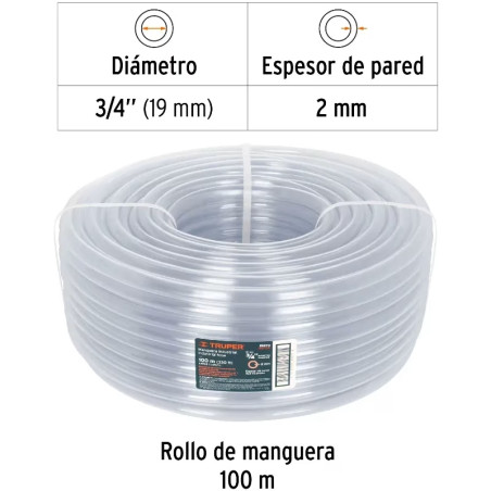 Manguera Industrial 3/4" Espesor 2mm, 100 Metros Peso 16Kg, MAN-3/4I 19870 Truper