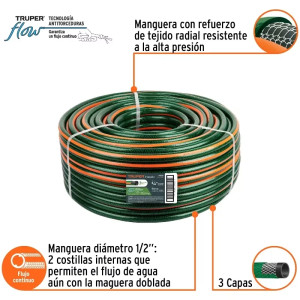 Manguera Reforzadas 3 CAPAS 3/4" Espesor 2.5mm, Pres Max Reventar 213PSI, 100 Metros 23Kg, MAN-3/4R 19859 Truper