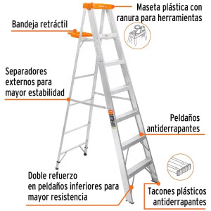 Escaleras Tijera 6 Peldaños con Bandeja T2 Max3.4m P7.4kg EAluminio, Truper 16744