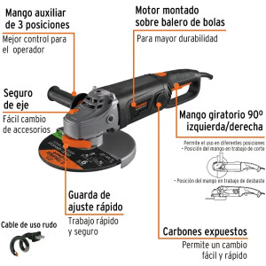 Esmeriladora angular 9" Industrial, 2000W 6200RPM Mango Ergonomico con Disco y Carbon de Rpsto, ESMA-9N3-2 18295 Truper