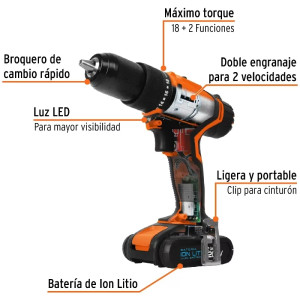Taladro Percutor Inalambrico 1/2" 18V 1400RPM 22400GPM 28Nm Velocidad Reversible, ROTI-18A2-2 11020 Truper