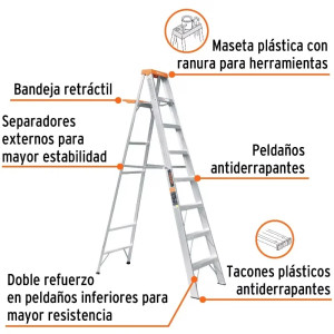 Escaleras Tijera 7 Peldaños con Bandeja T2 Max3.7m P8.3kg EAluminio, Truper 10337