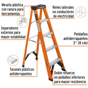 Escaleras de Tijera 4 Peldaños T2 Max2.9m P6.5kg FibraVidrio, Truper 100224