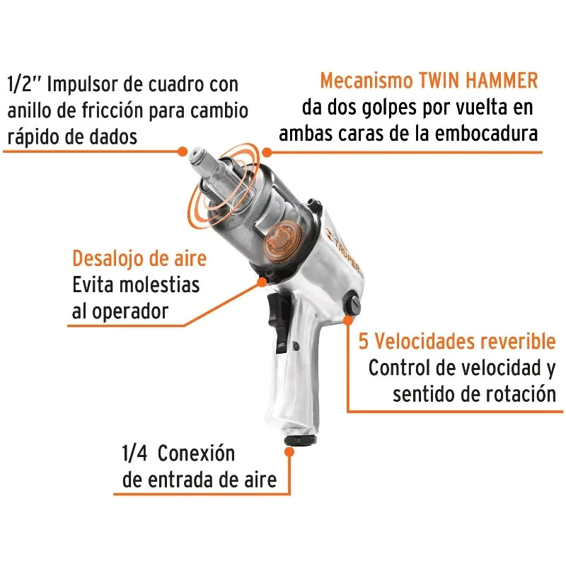 Llave Neumatica Pistola de Impacto 1/2" Industrial, Kit con Estuche Plastico carcasa en Aluminio, TPN-734H-2K 18281 Truper