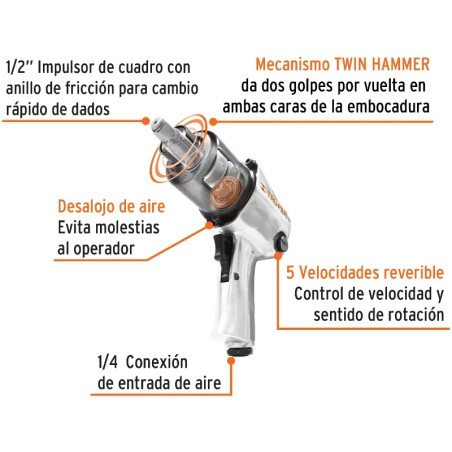 Llave Neumatica Pistola de Impacto 1/2" Industrial, Kit con Estuche Plastico carcasa en Aluminio, TPN-734H-2K 18281 Truper