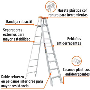 Escaleras Tijera 8 Peldaños con Bandeja T2 Max4m P9.5kg EAluminio, Truper 10338