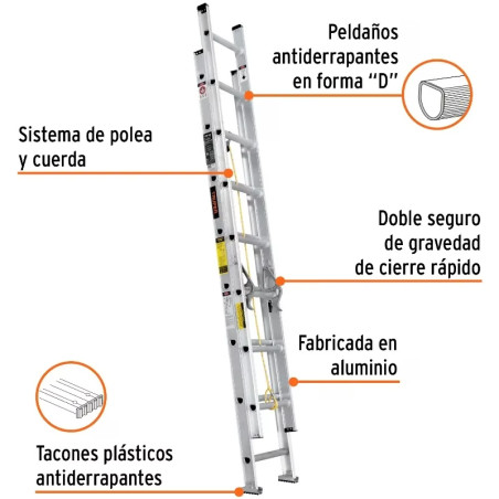 Escaleras Telescopicas 16 Peldaños T3 Max4.6m P9kg Aluminio, Truper 16026