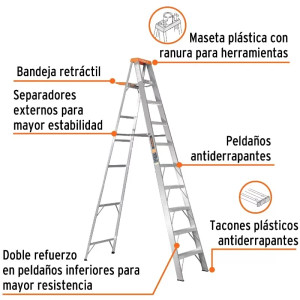 Escaleras Tijera 9 Peldaños con Bandeja T2 Max4.2m P10.7kg EAluminio, Truper 10436