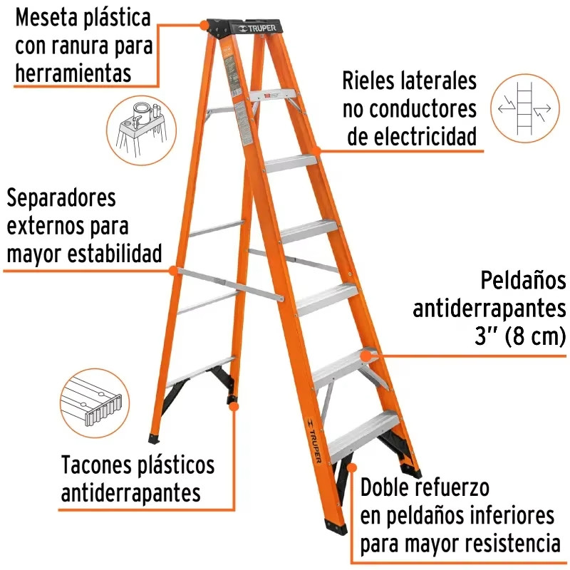 Escaleras de Tijera 6 Peldaños T2 Max3.4m P9kg FibraVidrio, Truper 100226