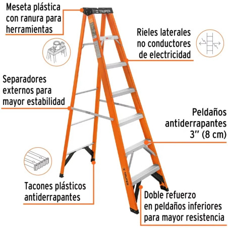 Escaleras de Tijera 6 Peldaños T2 Max3.4m P9kg FibraVidrio, Truper 100226