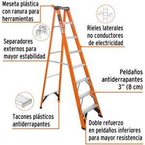 Escaleras de Tijera 7 Peldaños T2 Max3.7m P10.5kg FibraVidrio, Truper 100227