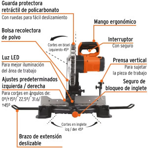 Sierra Ingleteadora 10" 1900W compuesta 220V Madera Aluminio Truper 103221