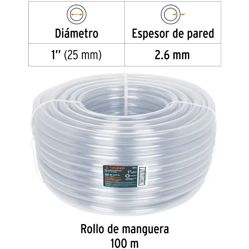 Manguera Industrial 1" Espesor 3mm, 100 Metros Peso 34Kg, MAN-3/4I 19870 Truper