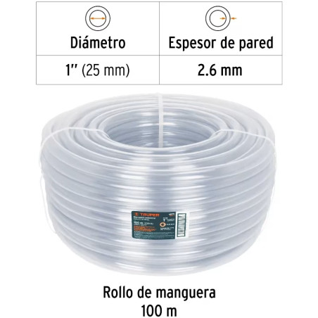 Manguera Industrial 1" Espesor 3mm, 100 Metros Peso 34Kg, MAN-3/4I 19870 Truper