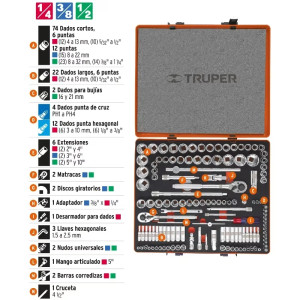Juegos de Herramientas 135 Piezas Mixto STD MM E1/4-3/8-1/2 EM Truper 13975