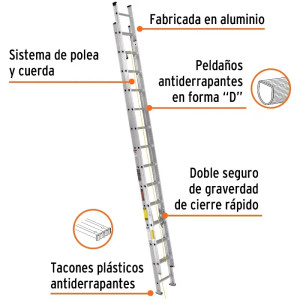 Escaleras Telescopicas 28 Peldaños T3 Max8.2m P18kg Aluminio, Truper 16748