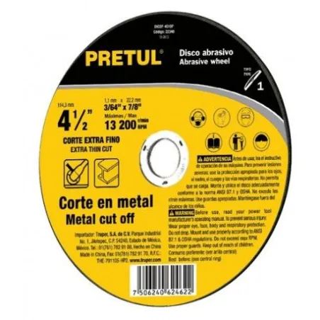  Discos Corte Metal 4 1/2" x1.6mm T41 OxidoAlumino, DICOF-4516P Pretul 22345 1.440678 Disco Corte Metal 4 1/2" 115x1.6mm T41 Oxi