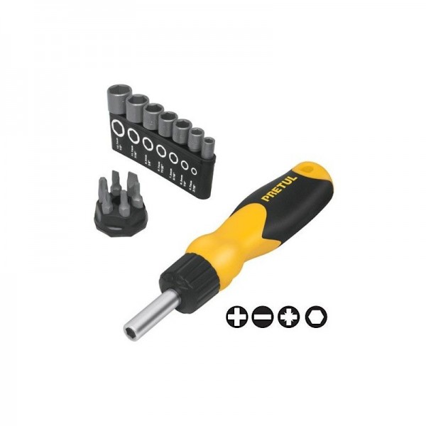  Juego Desarmadores Multipunta 6 Puntas y 7 dados Tipo Ratchet, PPMagnetico Acero al Cromo Vanadio, DES-14P 22974 Pretul 18.6440