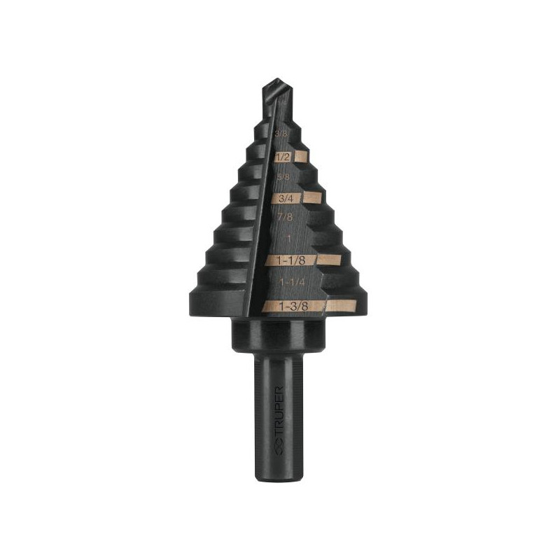  Brocas Escalonada HSS 10 Escalones 1/4"-1-3/8" x79mm, Truper 12126 72.881356 Broca Escalonada Oxido Negro HSS 10 Escalones 1/4"