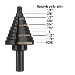  Brocas Escalonada HSS 10 Escalones 1/4"-1-3/8" x79mm, Truper 12126 72.881356 Broca Escalonada Oxido Negro HSS 10 Escalones 1/4"