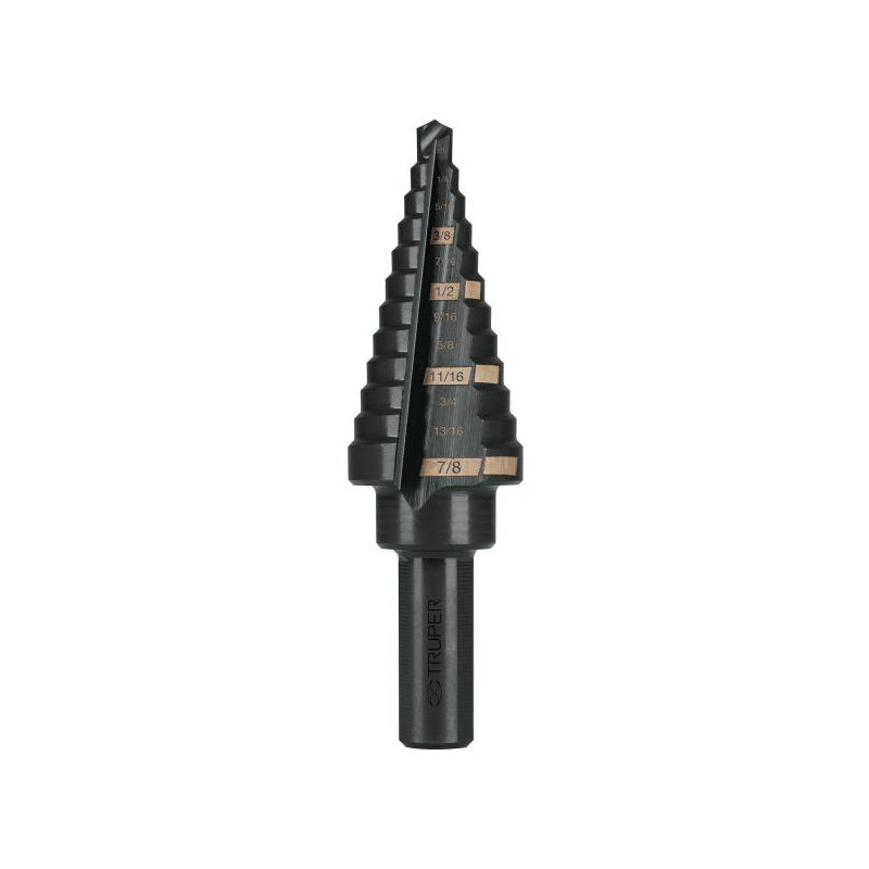  Brocas Escalonada HSS 12 Escalones 3/16"-7/8" x80mm, Truper 12125 39.830508 Broca Escalonada Oxido Negro HSS 12 Escalones 3/16"