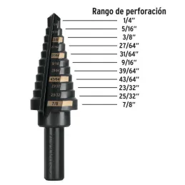  Brocas Escalonada HSS 11 Escalones 1/4"-7/8" x78mm, Truper 101457 39.830508 Broca Escalonada Oxido Negro HSS 11 Escalones 1/4" 