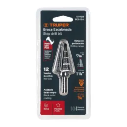  Brocas Escalonada HSS 12 Escalones 7/16"-1-1/8" x79mm, Truper 101458 70.338983 Broca Escalonada Oxido Negro HSS 12 Escalones 7/