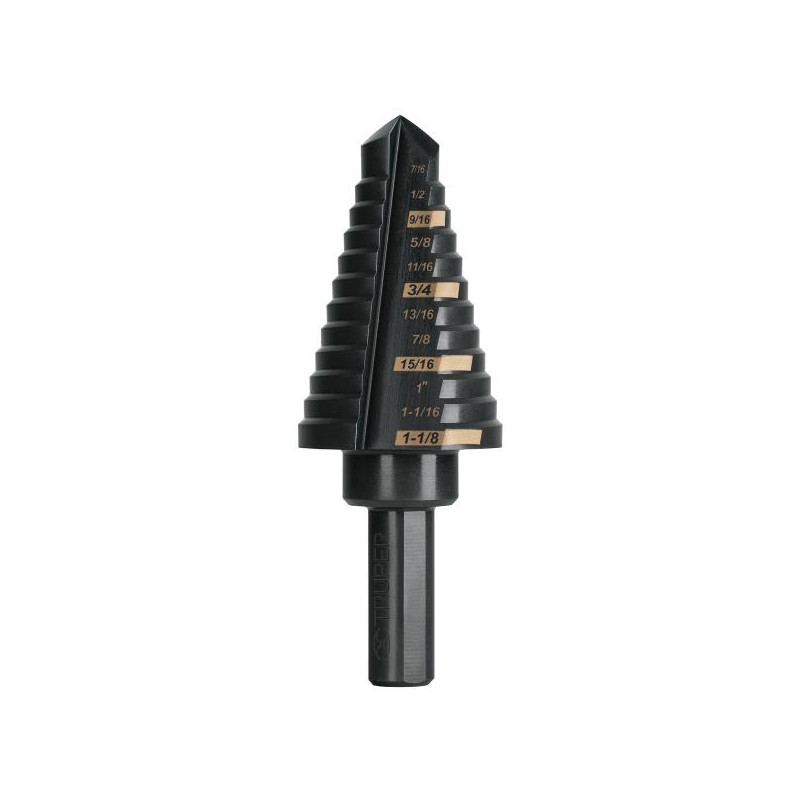  Brocas Escalonada HSS 12 Escalones 7/16"-1-1/8" x79mm, Truper 101458 70.338983 Broca Escalonada Oxido Negro HSS 12 Escalones 7/