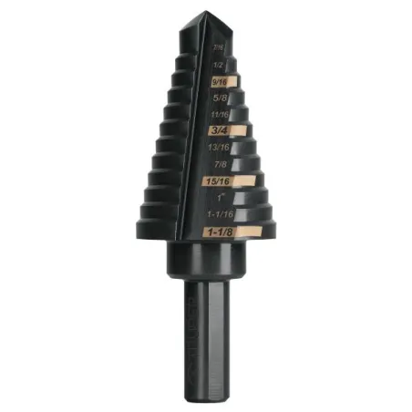  Brocas Escalonada HSS 12 Escalones 7/16"-1-1/8" x79mm, Truper 101458 70.338983 Broca Escalonada Oxido Negro HSS 12 Escalones 7/