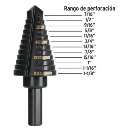  Brocas Escalonada HSS 12 Escalones 7/16"-1-1/8" x79mm, Truper 101458 70.338983 Broca Escalonada Oxido Negro HSS 12 Escalones 7/